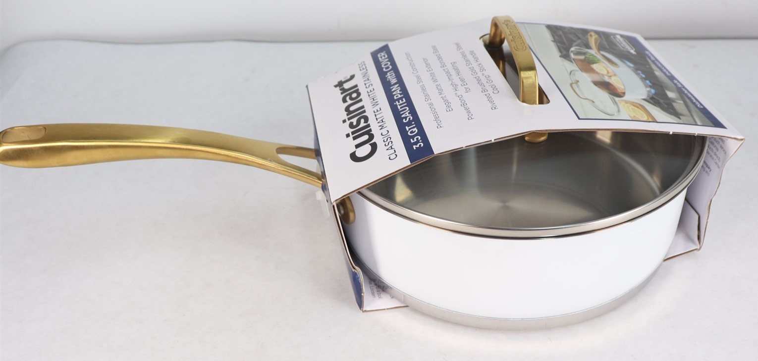 Cuisinart Classic Matte White & Brushed Gold 3.5qt Stainless Saute Pan w/Cover