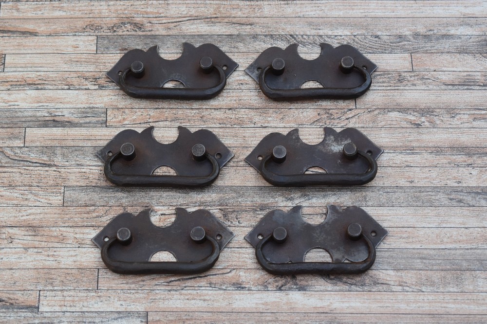 6pc Vintage Handmade Iron Door Gate Drawer Tool Box Pull Drop Back Plate Handles