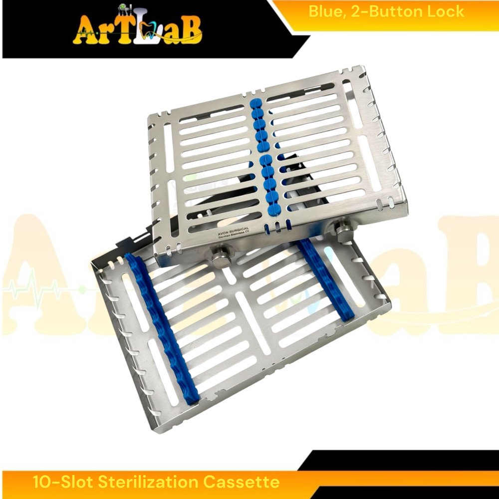 Double-Button Sterilization Cassette for 10 Instruments, Dental, Veterinary Blue