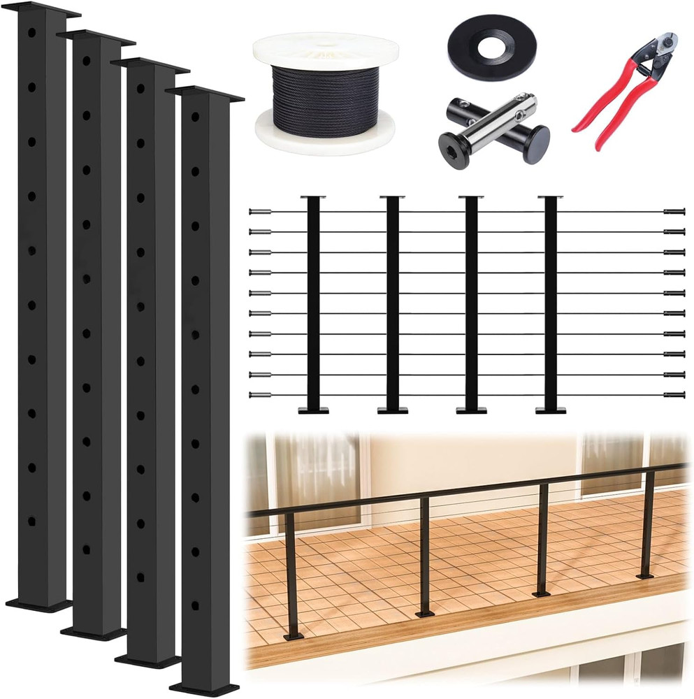 Muzata 15-20FT Modular Black Cable Railing Kit 36 Inch 4 Level Post Kit Complete