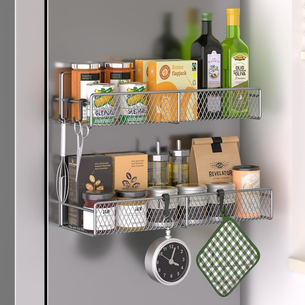 Spice Rack for Refrigerator, 2 Pack 100% Metal Strong Magnet Shelf, Space Saving