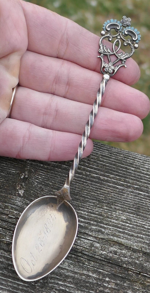 Antique Dated 1894 Sterling Silver & Enameled Twist Handle Teaspoon