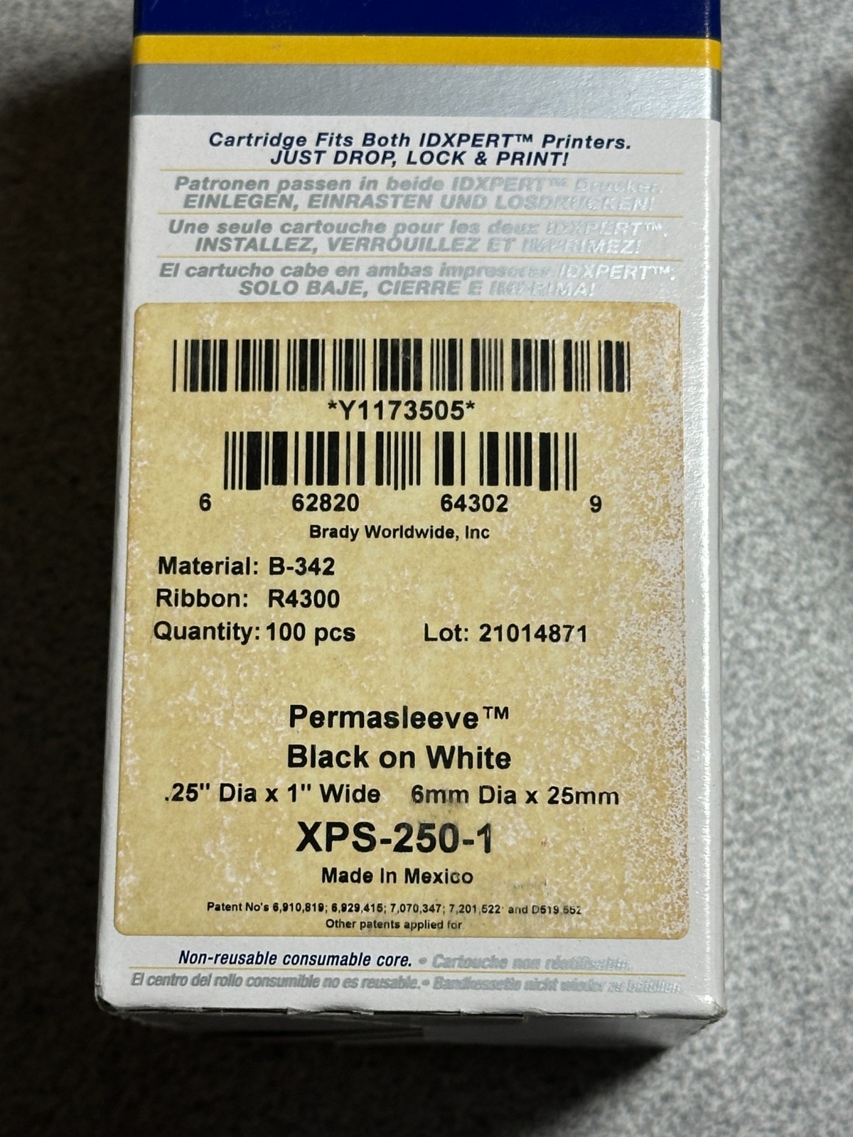 NEW Brady XPS-250-1 Permasleeve PS Wire Markers .25" x 1" Black On White (100)