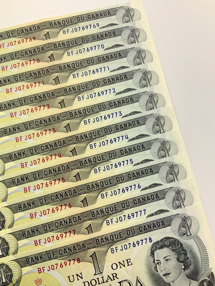 One 1973 Canada 1 Dollar Banknote Order Multiple for Consecutive JJ751