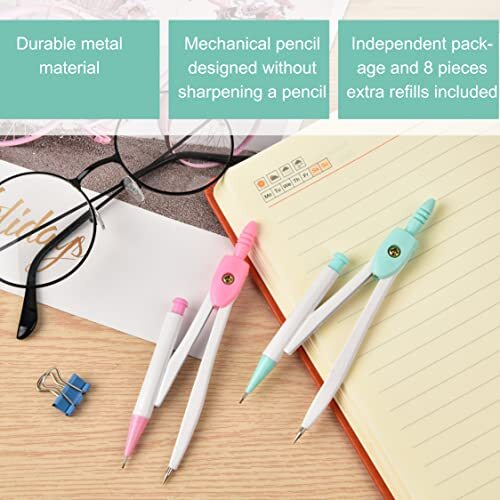 3 Packs Colorful Basic Metal Math Compass for Geometry Pink,blue and Green