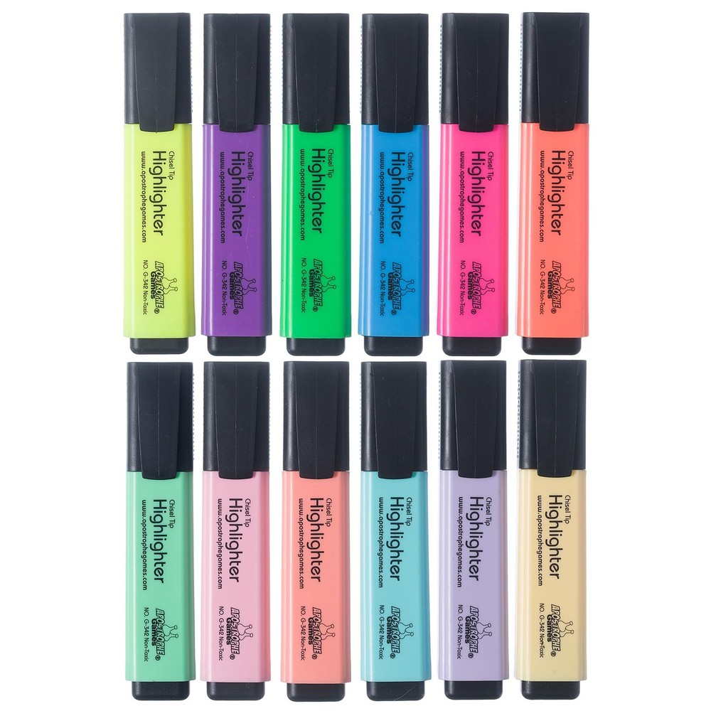 Apostrophe Games 12 Highlighters, Chisel Tip Assorted Color Set, Multicolor