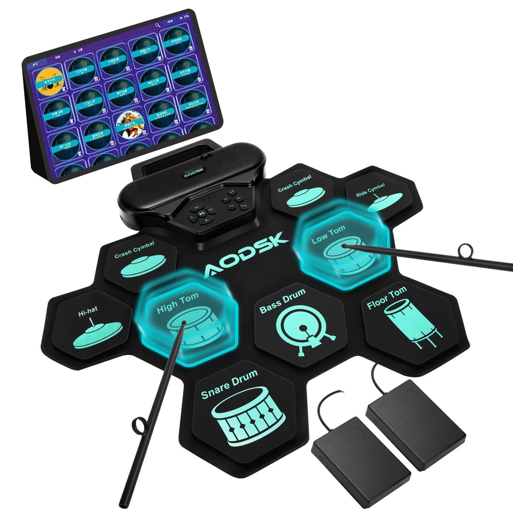 Electronic Drum Set,9 Practice Pad with Headphone Jack,Roll-up Machine Built-...