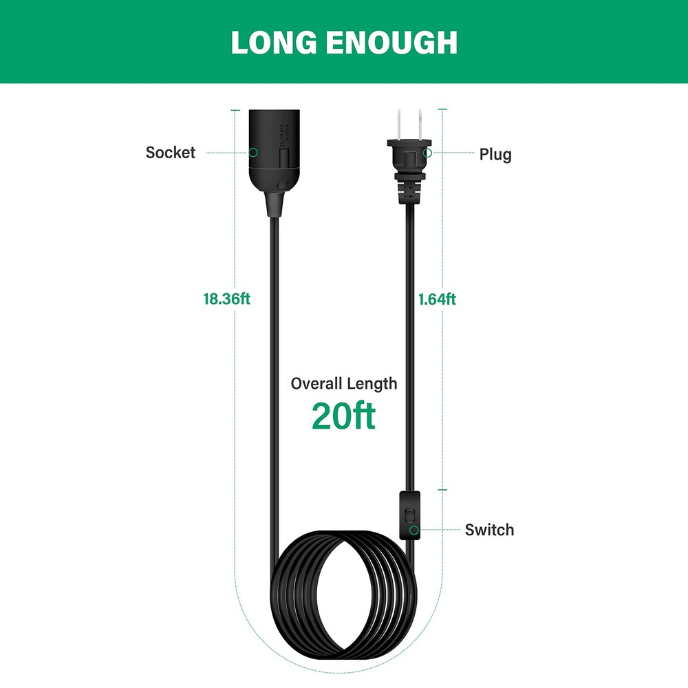 20ft Extension Hanging Lantern Pendant Light Cord Cable with E26 Socket, On/O...