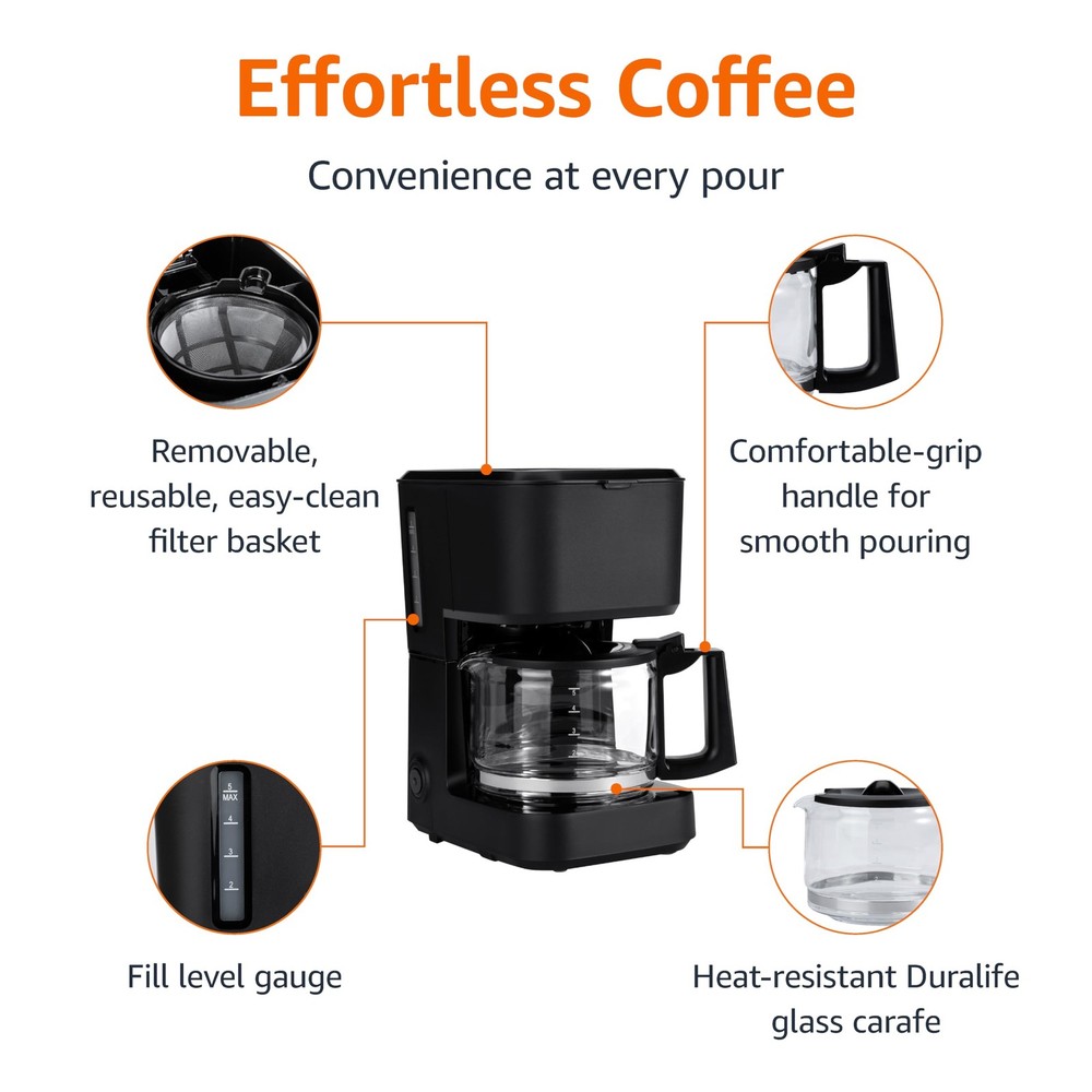 Amazon Basics 5 Cup Drip Coffee Maker with Glass 5-Cup, Matte Black