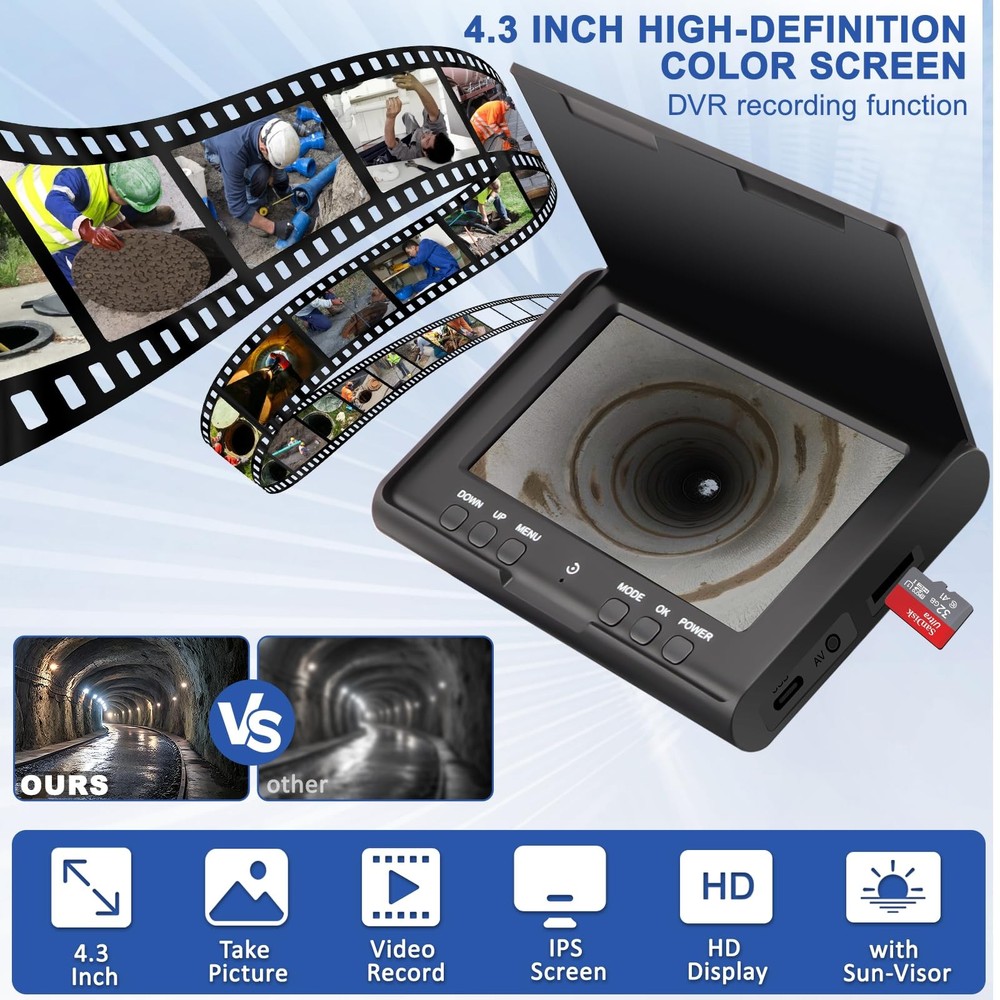 Sewer Camera w/DVR Function, 4.3" HD 1080P Screen Pipeline Inspection Camera,...
