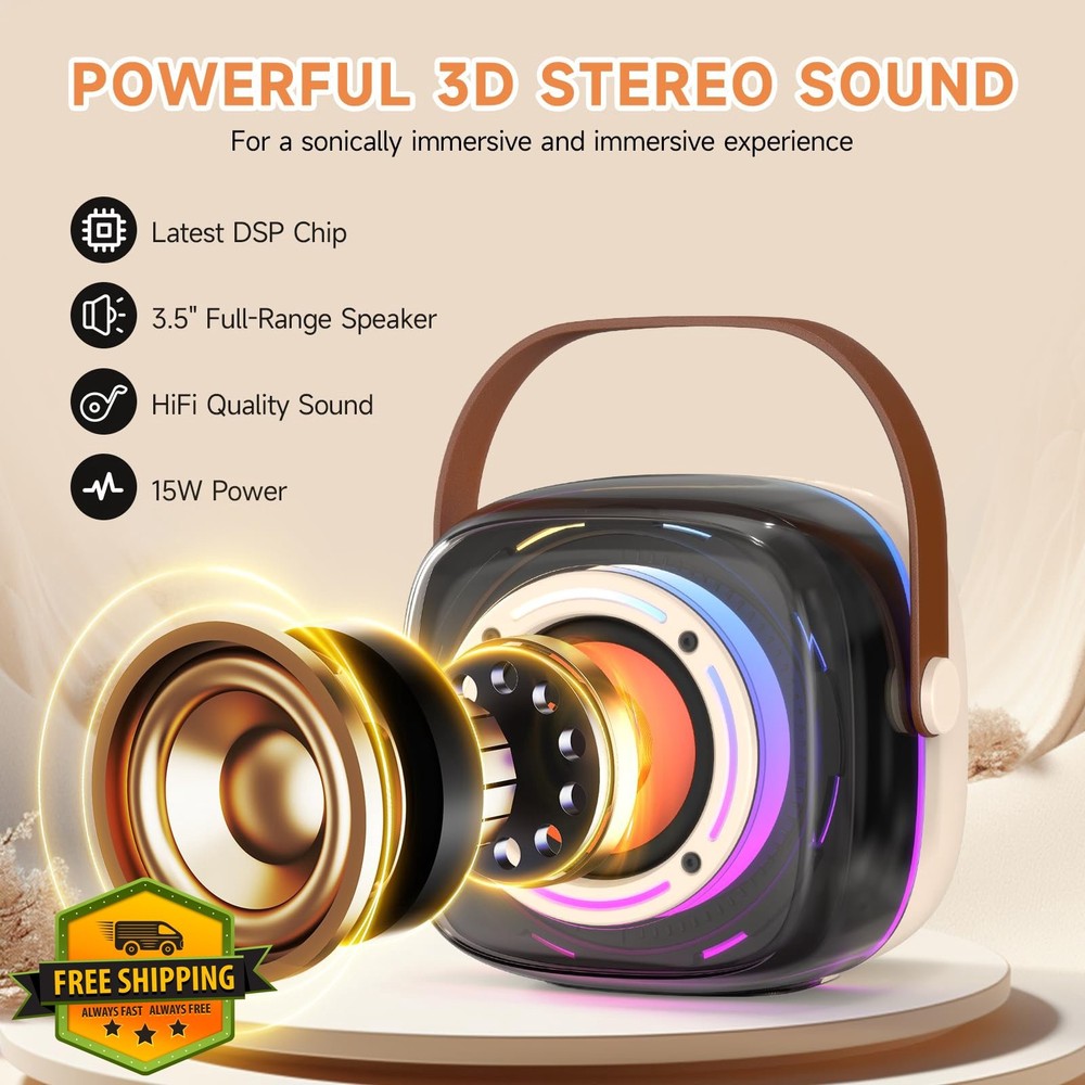Karaoke Machine 1 Wireless Mic Bluetooth Speaker Portable LED