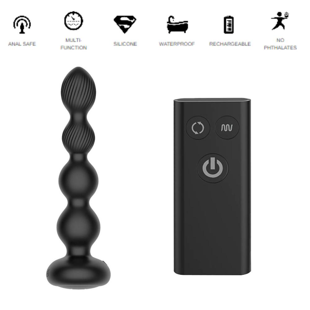 Rechargeable Remote Control Butt Plug with Rotating Beads Multi-Speed Probe Toy