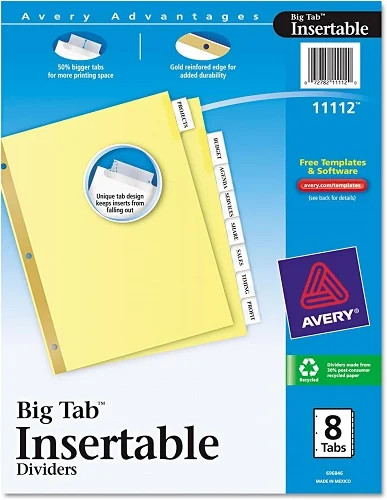 Avery 8-Tab Binder Dividers, Insertable Clear Big Tabs, 1 Set (11112)