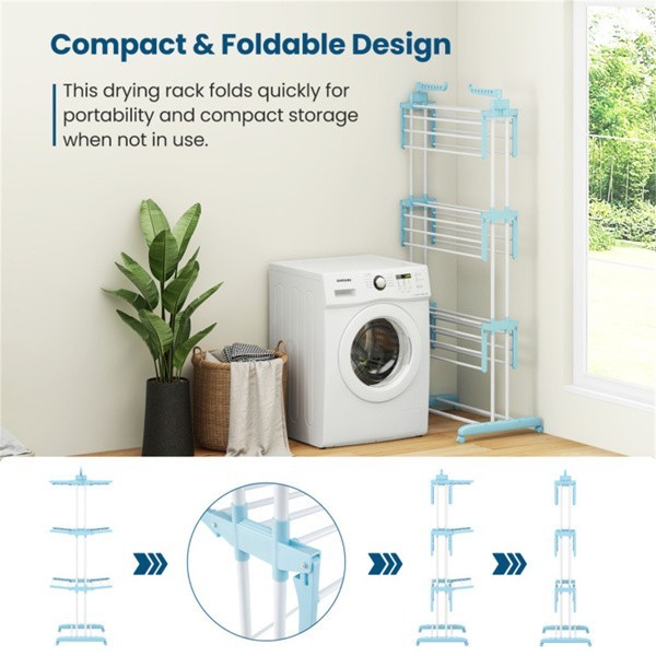 Blue 4-Tier Foldable Clothes Drying Rack with Wheels,