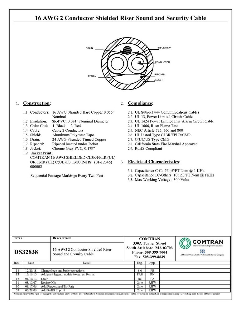 ComTran 32838 16/2C Shielded Audio/Sound/Security Cable CMR Riser Gray /100ft