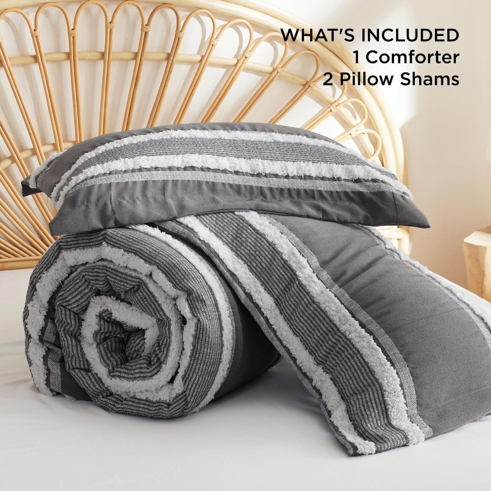 Bedsure Boho Comforter Set Queen - Dark Grey Jacquard Bedding Comforter Set, 3 P