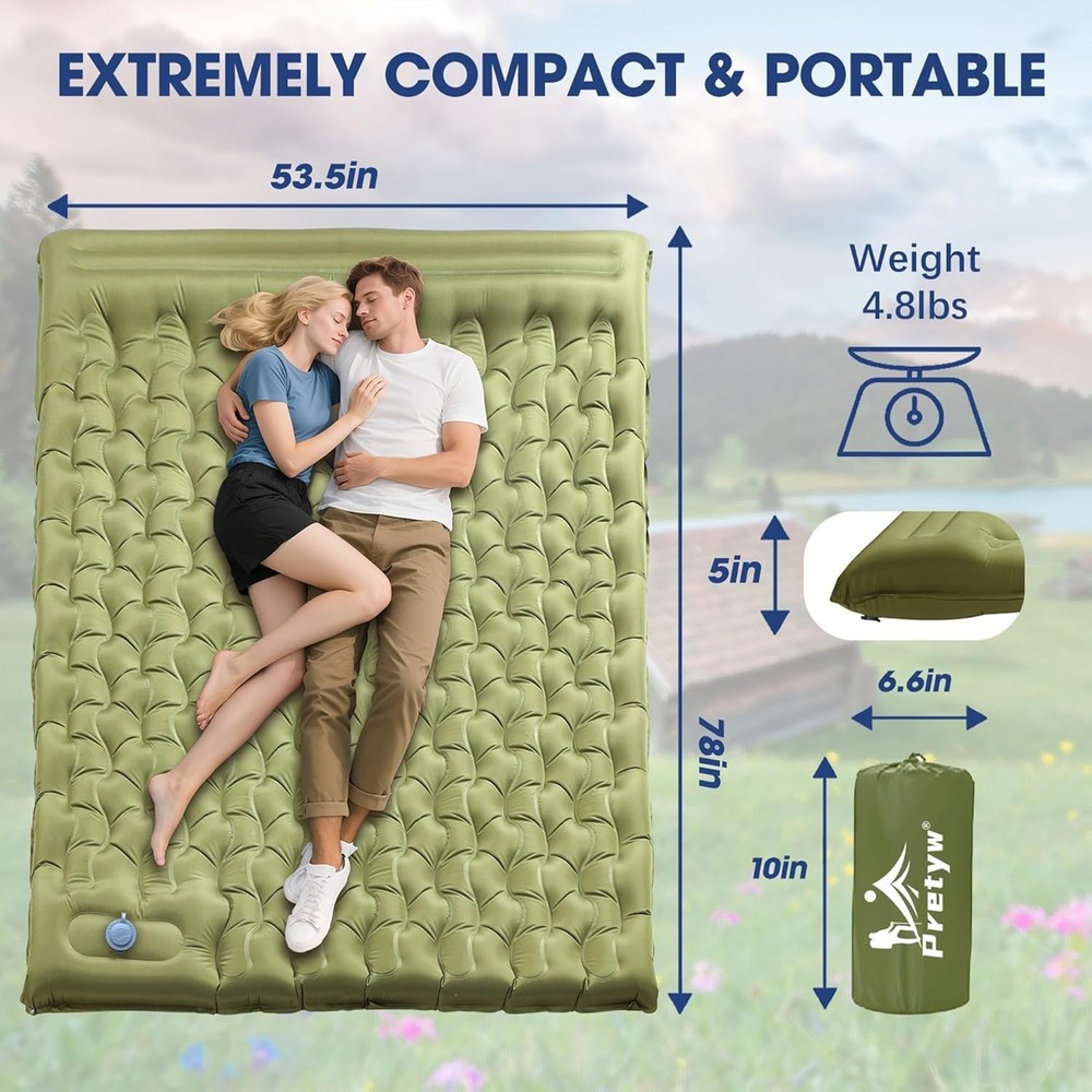 Double Camping Sleeping Pad 5 Inch Thick Self-Inflating Pillow Lightweight