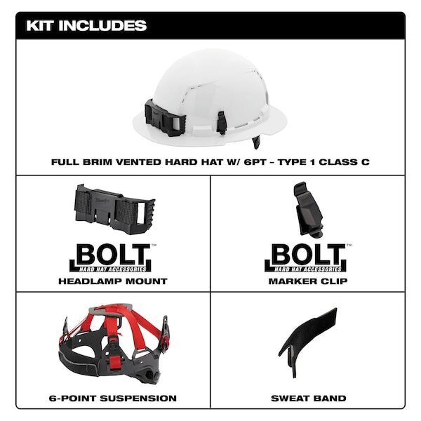 Milwaukee Tool 48-73-1221 Full Brim Hard Hat, Bolt, Hdpe, 6 Point Swing