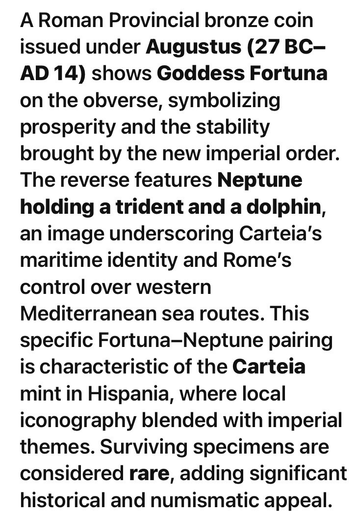 Goddess Fortuna Roman Provincial 27BC-14AD Reign of Augustus Neptune Coin Scarce