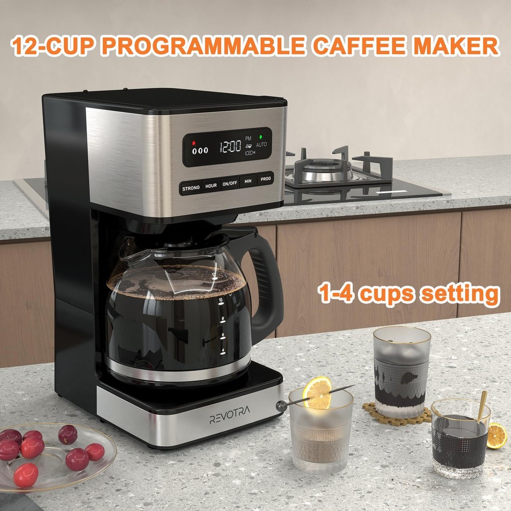 12-Cup Programmable Coffee Maker, Regular & Strong Brew Drip Coffee Machine, ...