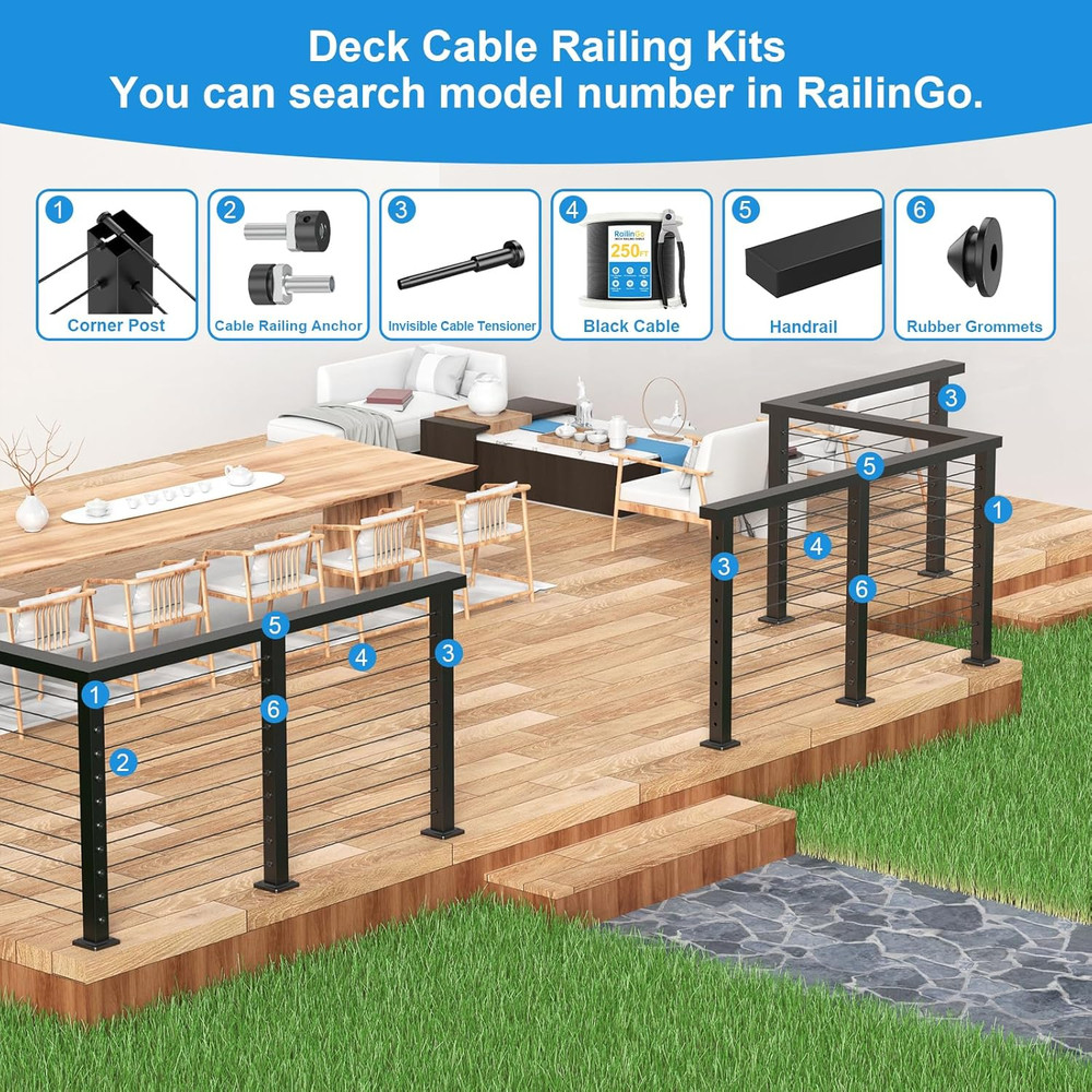 36" Cable Railing Post Kit - 4 Flat Top Posts, Black Wire Rope & Tensioner