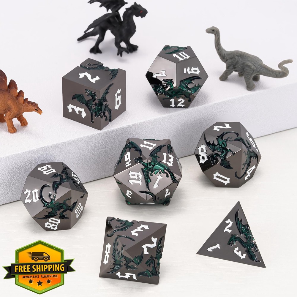 Metal DND Dice Set Sharp Edge Dragon Polyhedral RPG TTRPG 7-Die Case