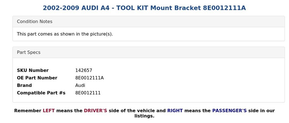 2002-2009 AUDI A4 - TOOL KIT Mount Bracket 8E0012111A