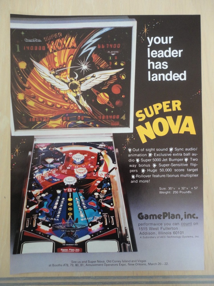 Super Nova Pinball Machine Original Magazine Pull Out Advertisement
