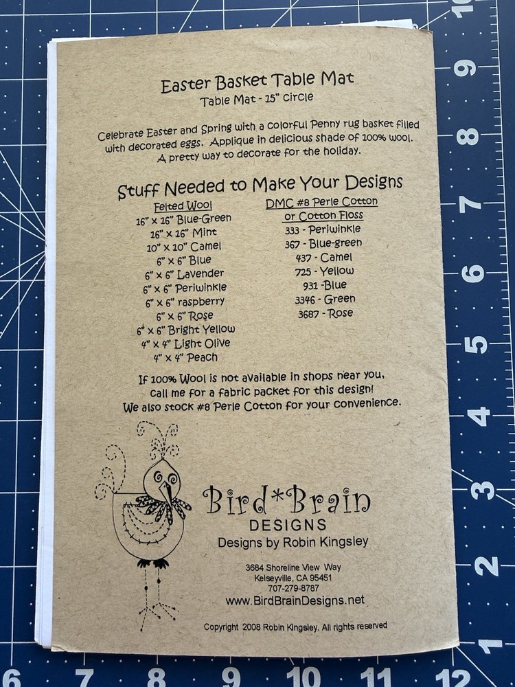 Bird Brain Designs 15” Easter Basket Table Mat Wool Appliqué Pattern Uncut