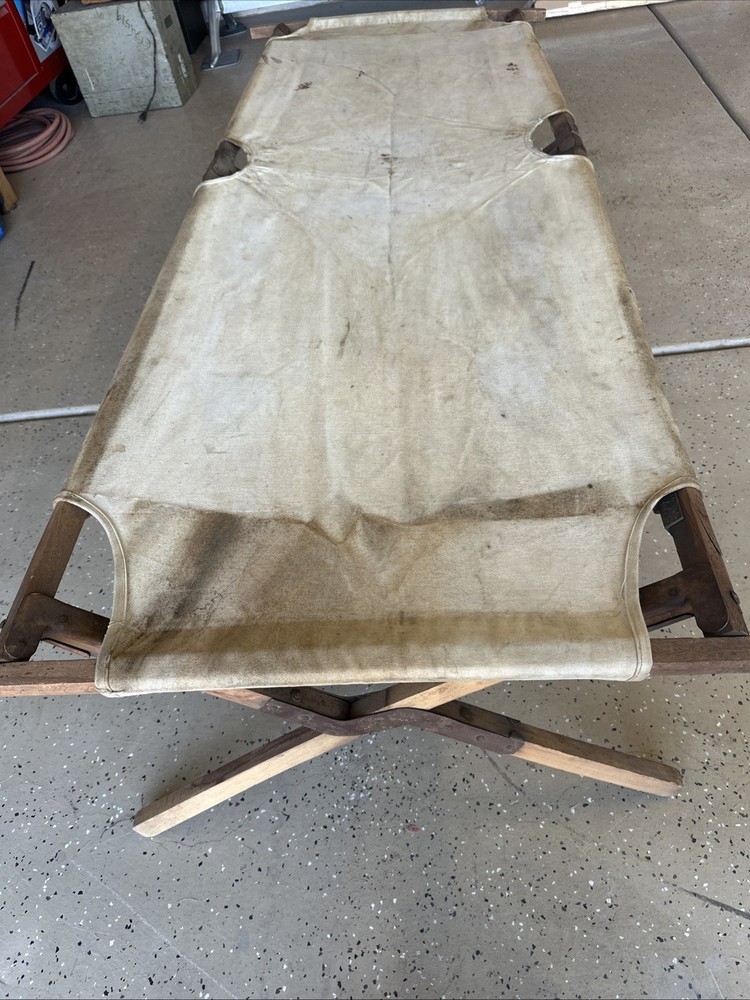 Vintage ARMY Cot Folding Canvas Wood Frame Metal Brackets