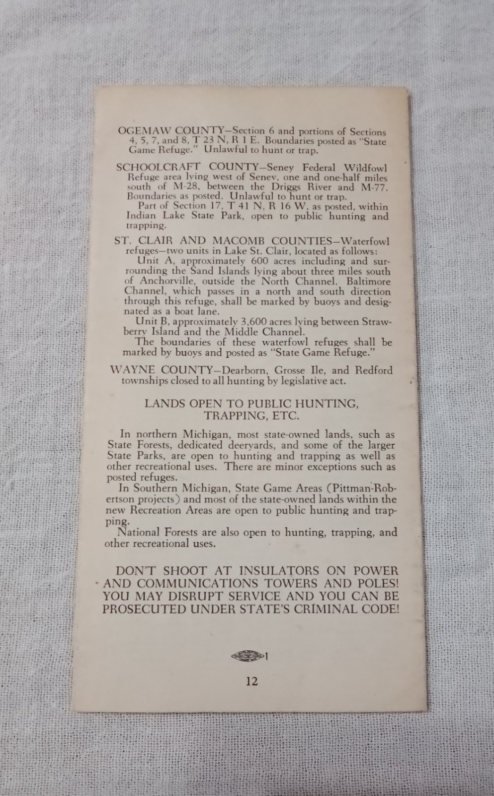 1949 MICHIGAN GAME LAW DIGEST DEPARTMENT OF CONSERVATION HUNTING BROCHURE