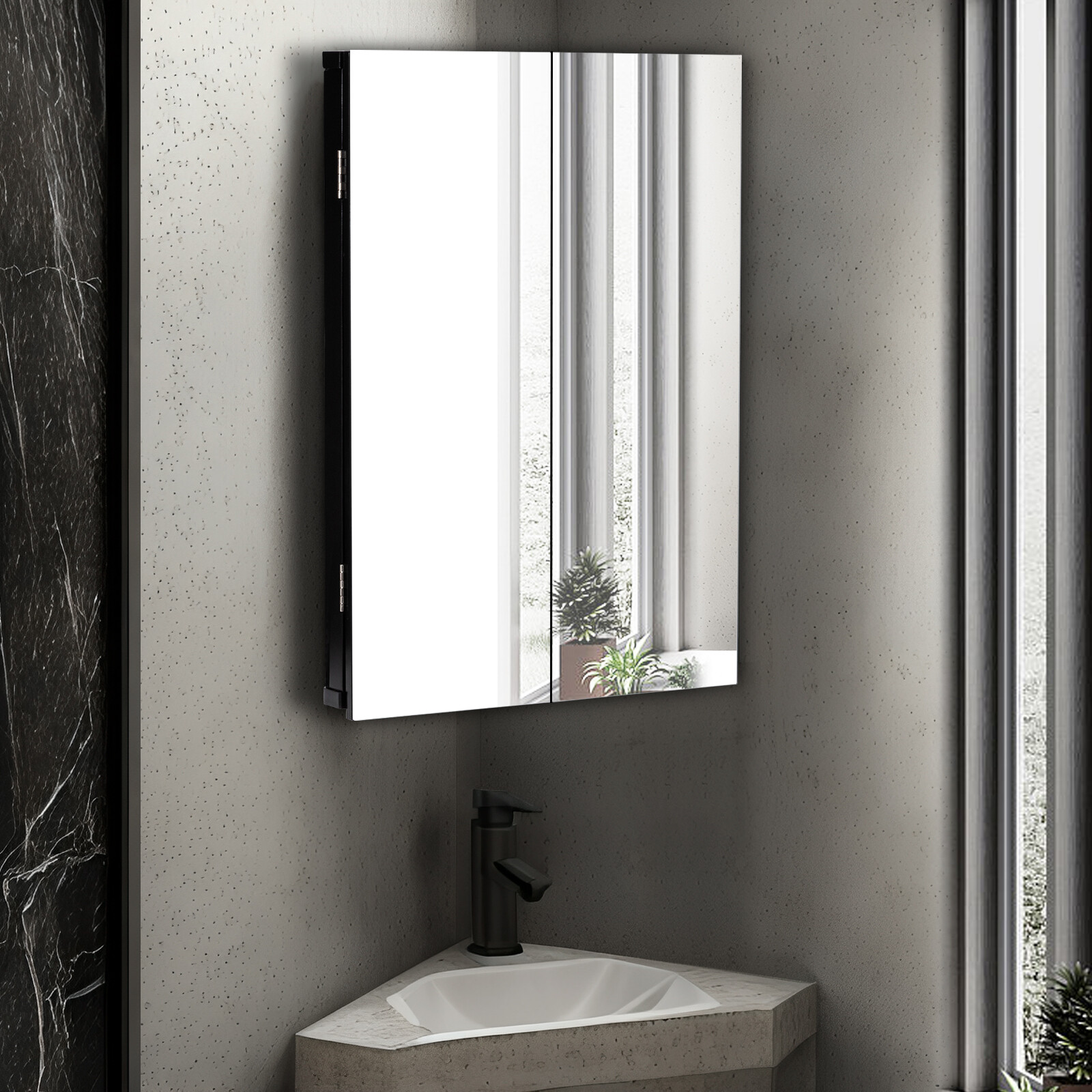 Corner Medicine Cabinet Bathroom Glass Mirrored Double Door Storage Wall Mount