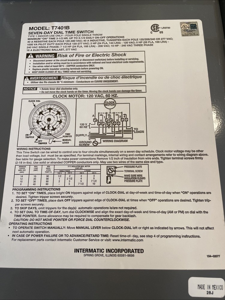 Intermatic Timer T7401B Seven Day Dial Time Switch 4 Pole Single Throw, 40Amp