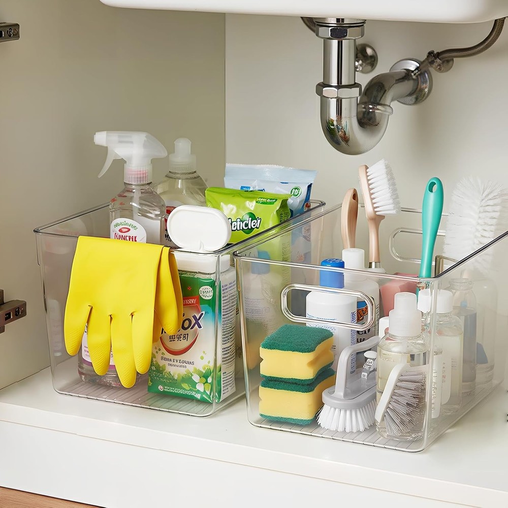 4 Pack Clear Stackable Storage Bins with Lids, Large Plastic Pantry Organizer...