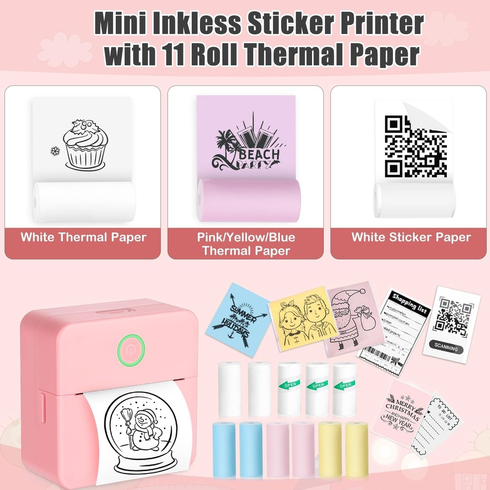 Mini Sticker Printer with 11 Rolls Paper, Bluetooth Inkless Printer Compatibl...