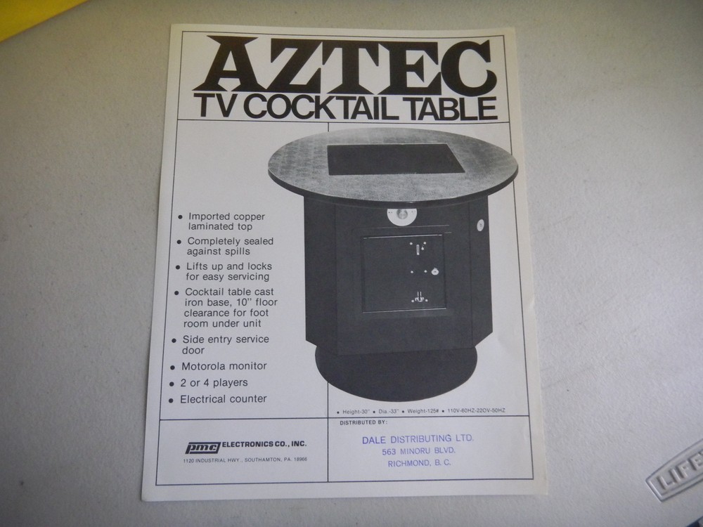 AZTEC TC COCKTAIL TABLE   PMC     ARCADE GAME  FLYER