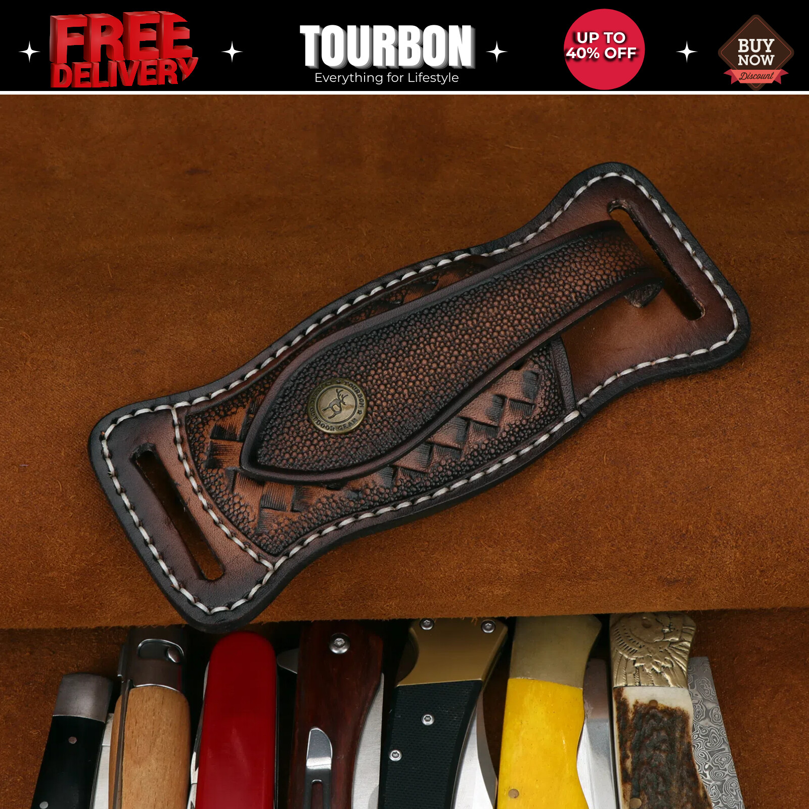 TOURBON Leather Folding Blade Knife Sheath Belt EDC Knives Cover Case Horizontal