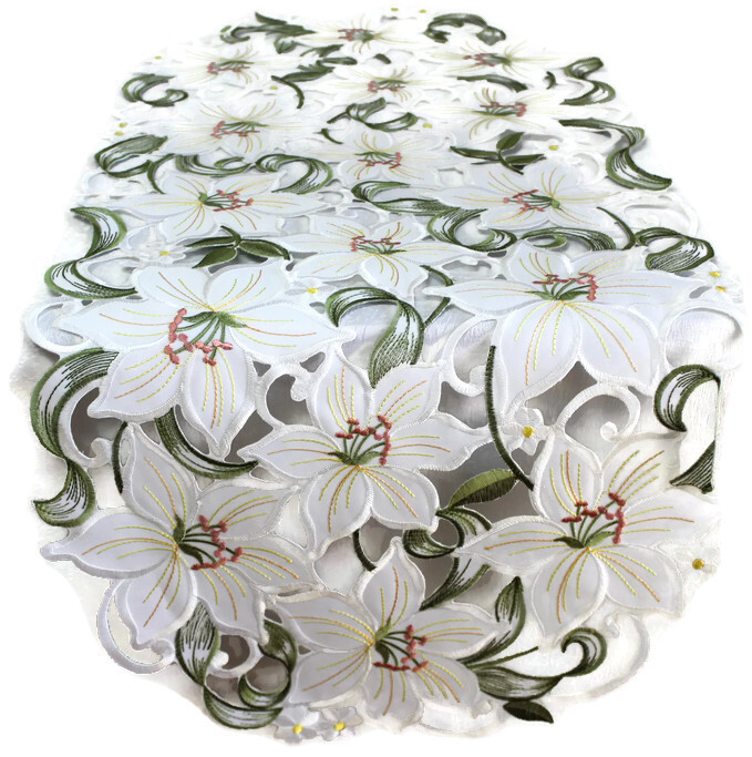 Doily Boutique Table Runner, Doily, Mantel Scarf with White Easter Lily Flowers
