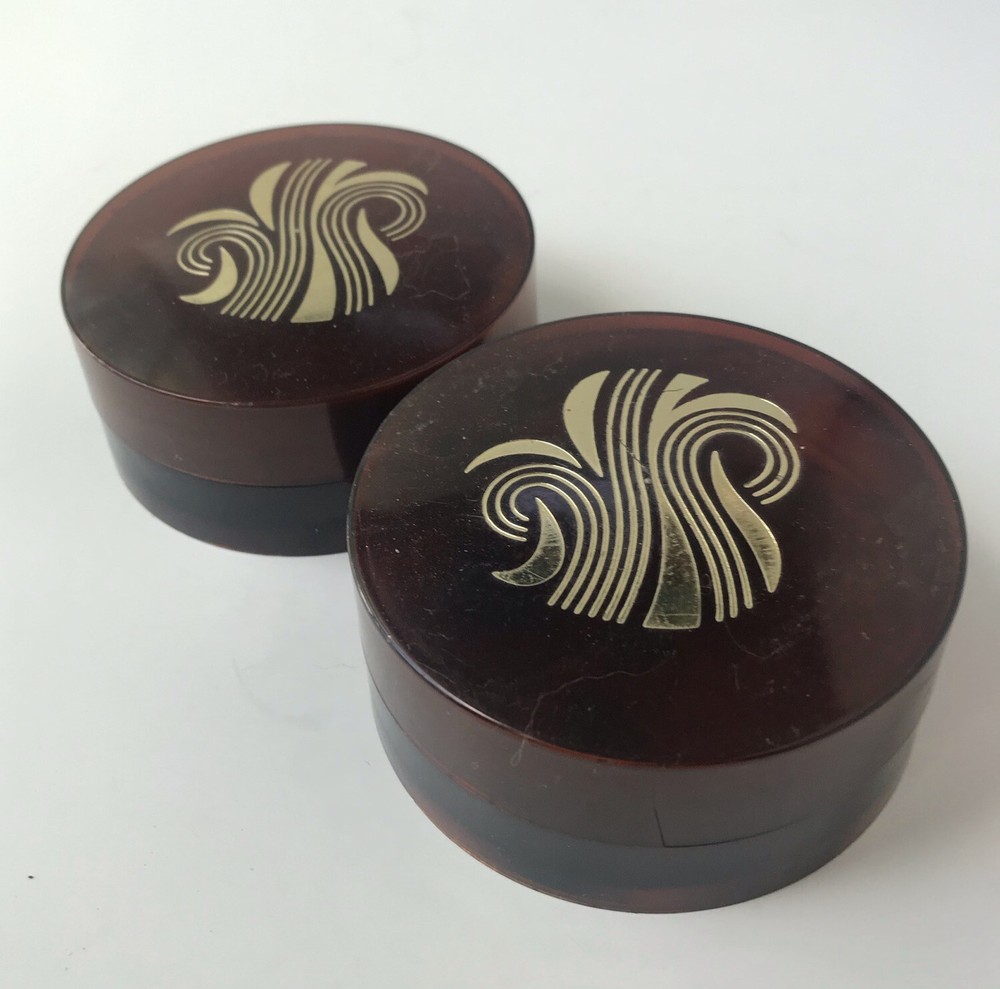 Vtg Corn Silk Micron Face Powder Plastic Tortoiseshell Containers Set 2 Empty