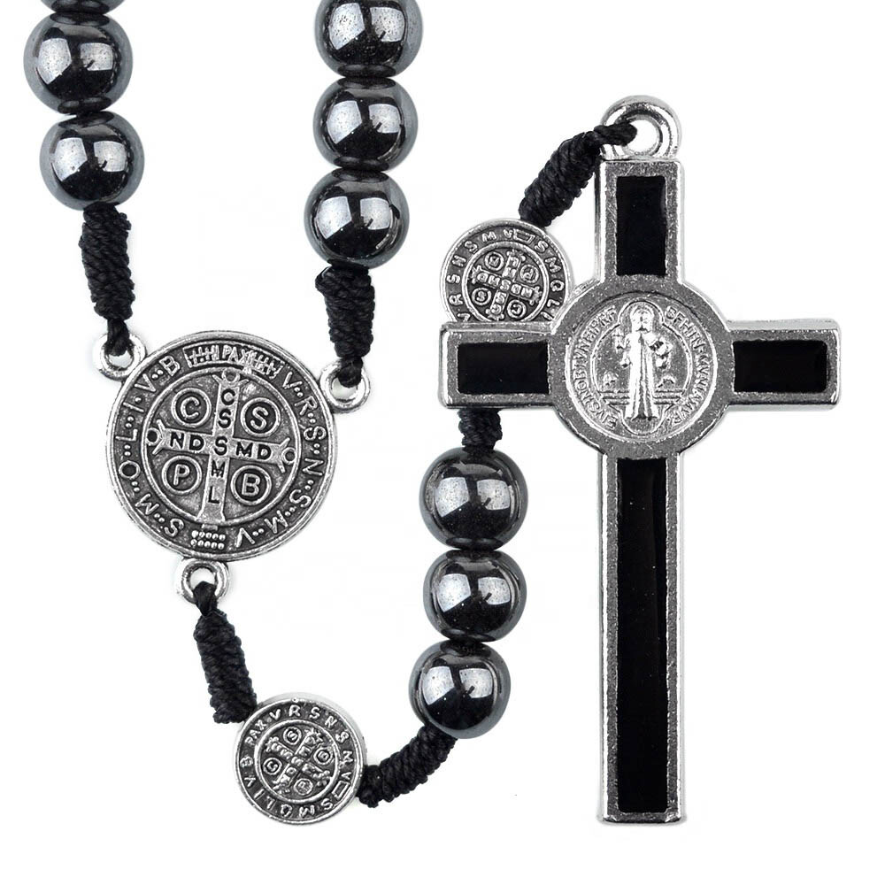 Saint St Benedict Holy Medal 15" Cord Rosary Large 8mm Hematite Beads Black