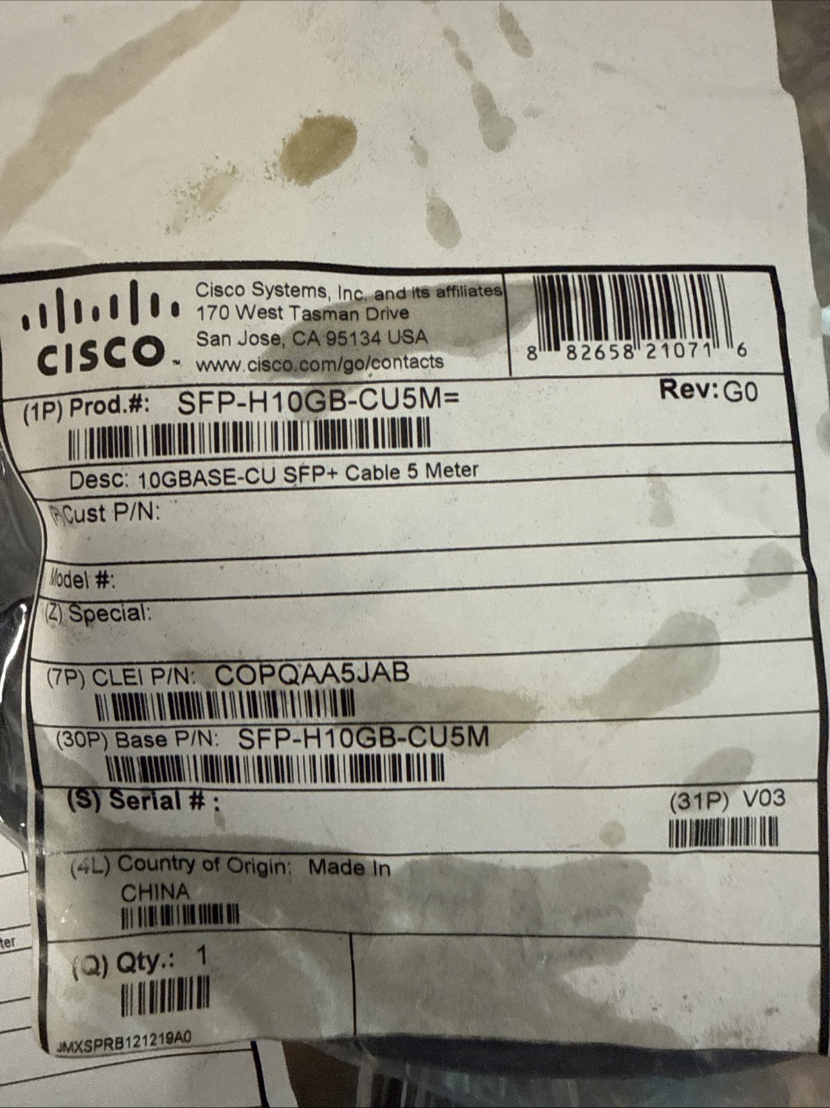 Lot 6pc Cisco SFP-H10GB-CU5M 5M SFP Twinax Fibre Cable Black 5 Meter