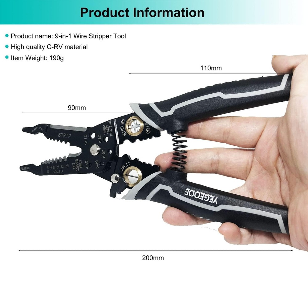 YEGEOOE 9 in 1 Multi-function Wire Stripping Pliers,Small 8inch size, Grey