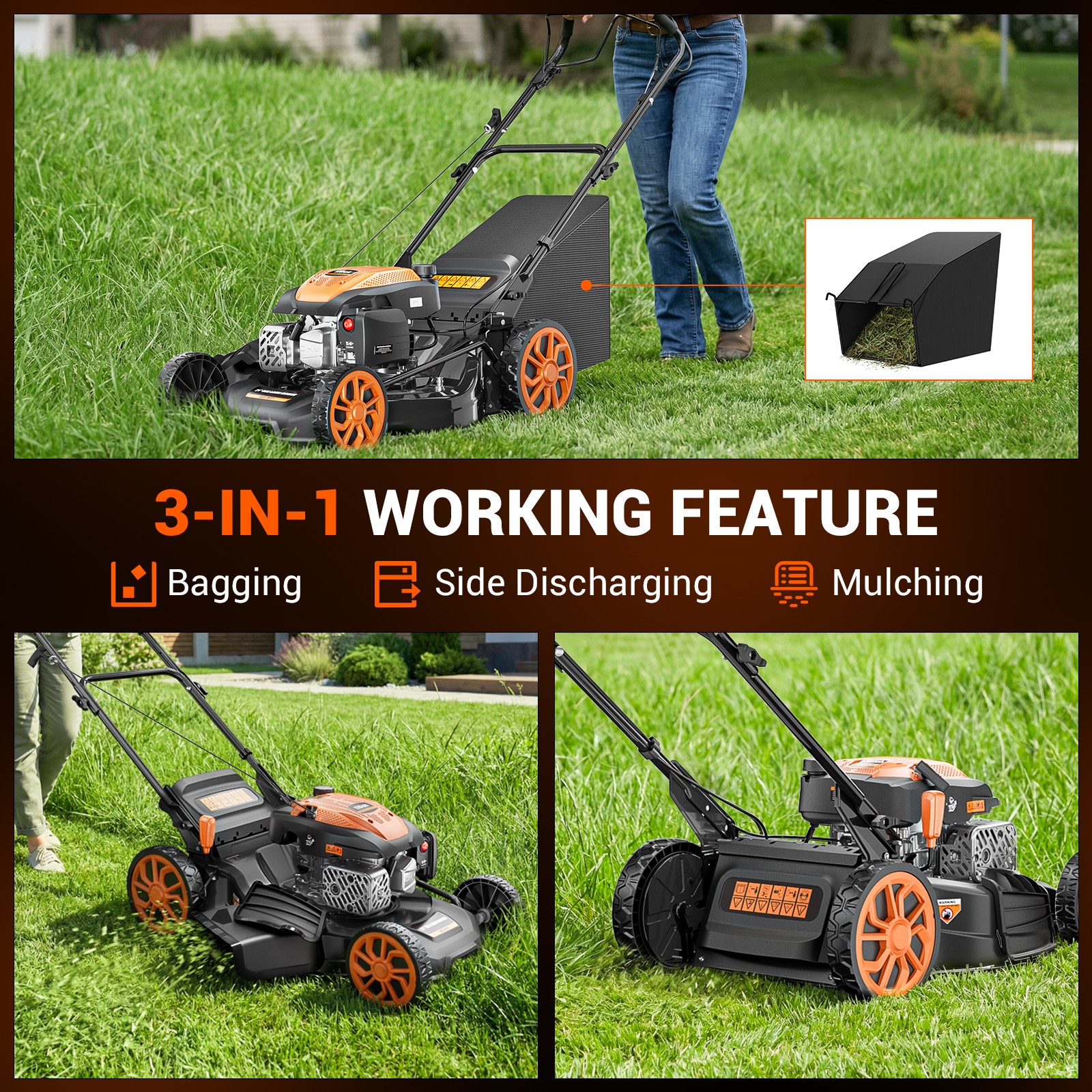 Mutaomay 21in Self Propelled Gas Lawn Mower 3-In-1,170cc , 7 Position Height New