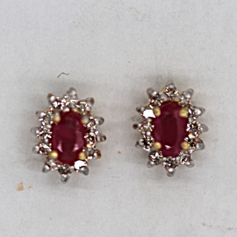 14K Yellow Gold Oval Natural Ruby and Diamond Stud Earrings