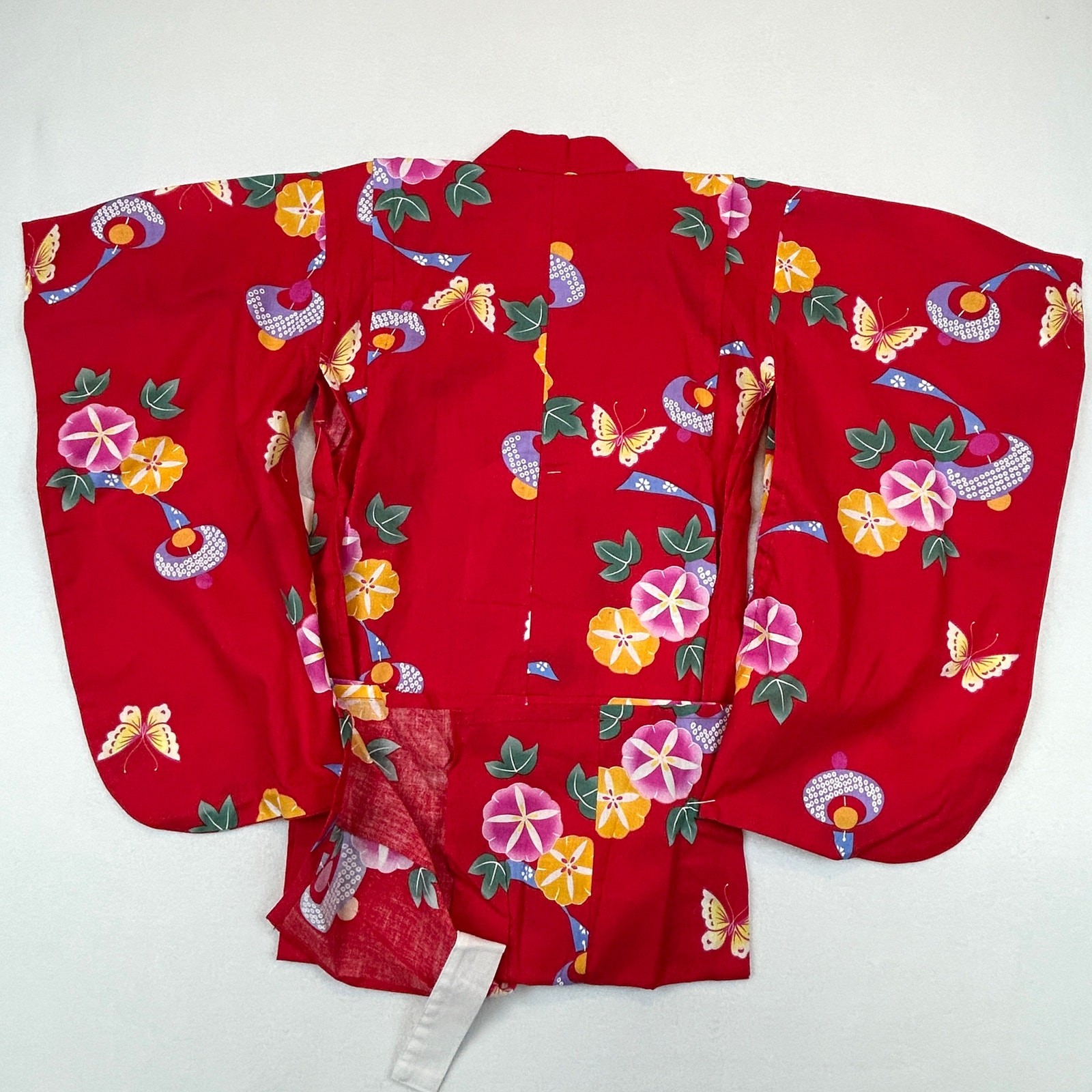 Japanese Summer Yukata Kimono Girls 32”L Red Floral Butterfly New 100% Cotton