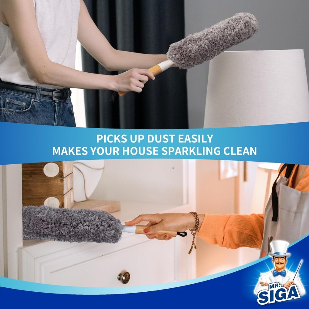 Lint Free Microfiber Duster with Bamboo Handle, Washable & Reusable Head