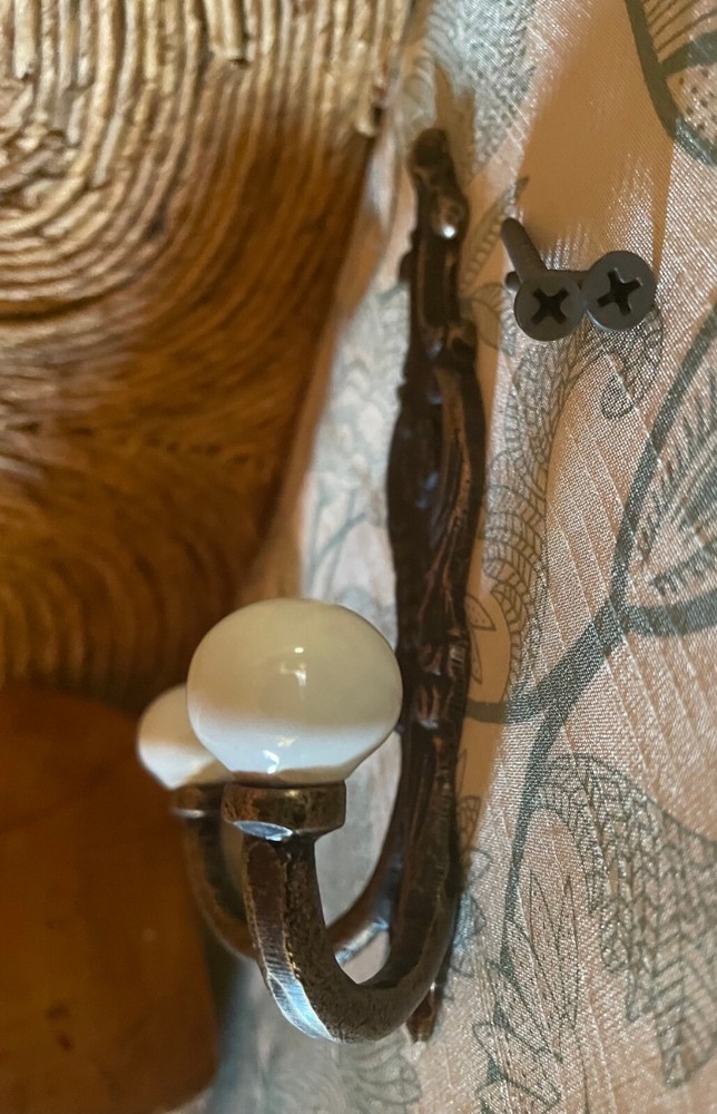 Old Bath Robe Coat Hook Hall Mirror Fancy Decorated Solid Brass Porcelain Knobs