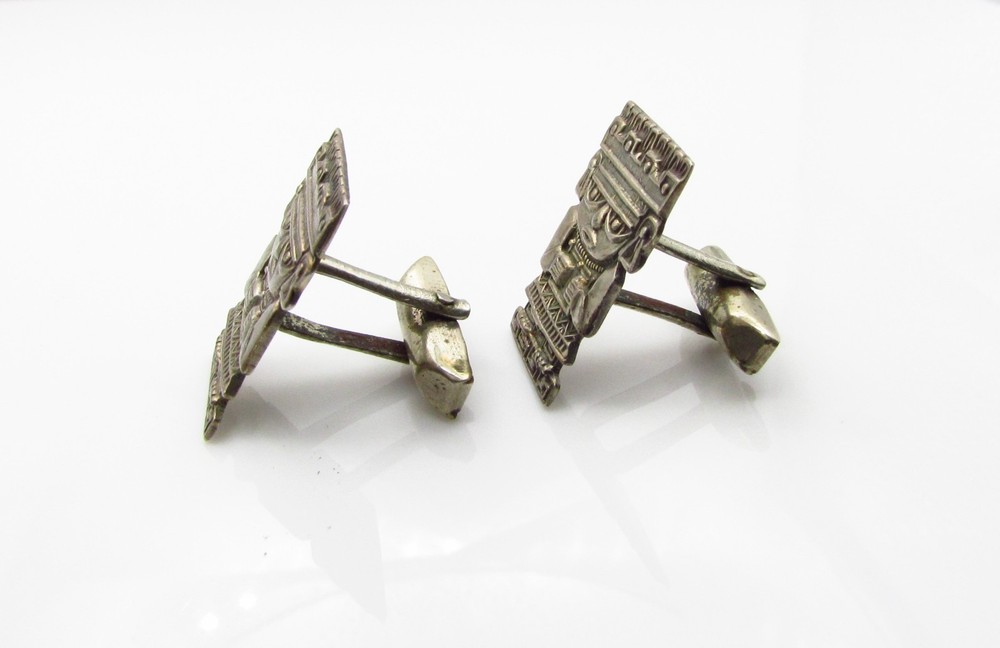 Sterling Front Cufflinks with Aztec or Mayan Figure from Mexico with Eagle 83