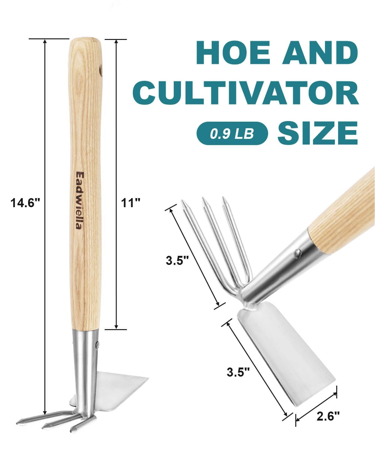 Hoe and Cultivator Garden Rake Hand Tiller Tool Wood Handle Double Sided Cult...