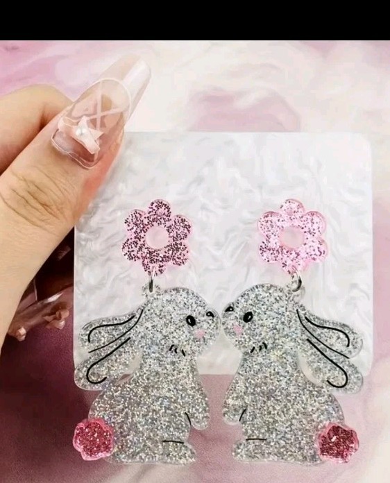 Festive Easter Bunny Acrylic Earrings Glittery Silver& Pink Lightweight Dangle,